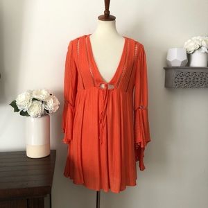 Free people orange boho bell sleeve dress size small